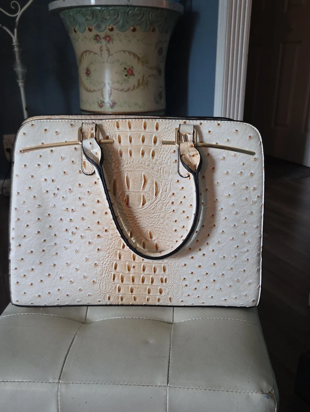 Cream Ostrich-Texture Structured Tote